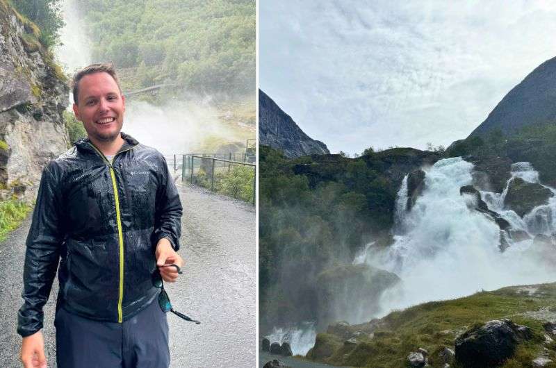 A tourist soaked up from the waterfall on Briskdal Glacier hike in Norway, photos by Next Level of Travel