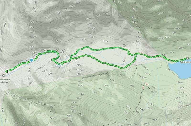 Briskdal glacier route on a map, Norway