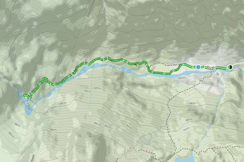 Buarbeen glacier route on a map, Norway