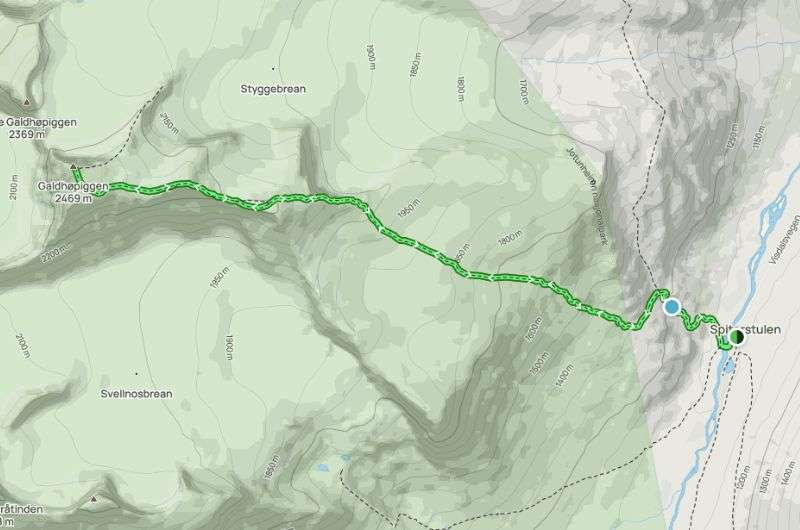 Galdhøpiggen route on a map, Norway