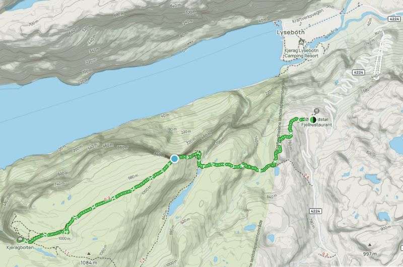 Kjerag route on a map, Norway