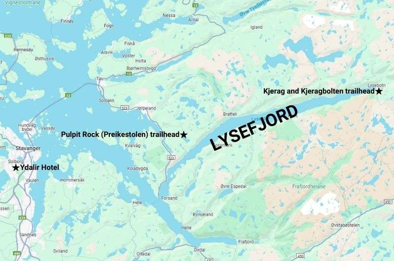 Map of Lysefjord and the surrounding area , Norway