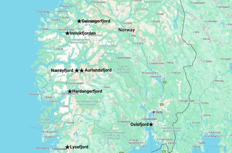 Map of Norway, pinpointing the best fjords