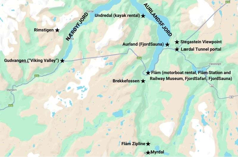 Map of the Flåm area, pinpointing all the best things to do, Norway