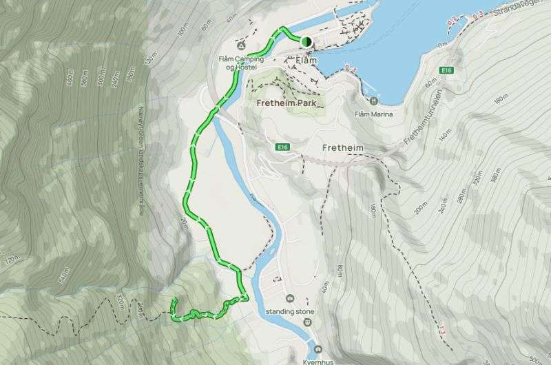 Route from Flåm to Brekkefossen on a map, Norway