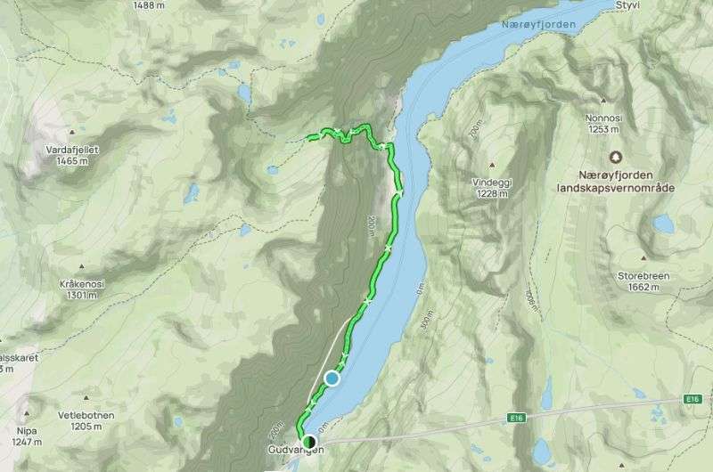 Route from Gudvangen to Rimstigen on a map, Norway