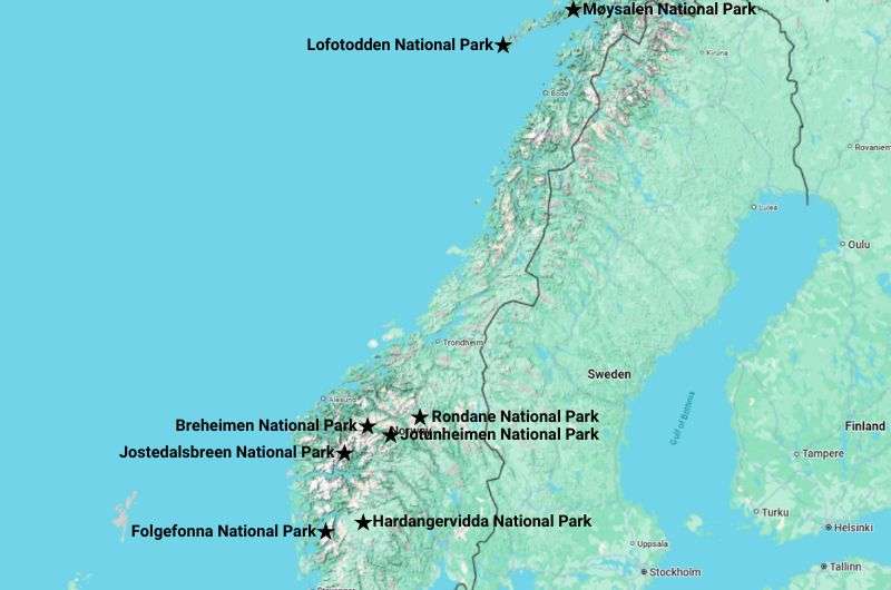 Map pinpointing the best national parks in Norway