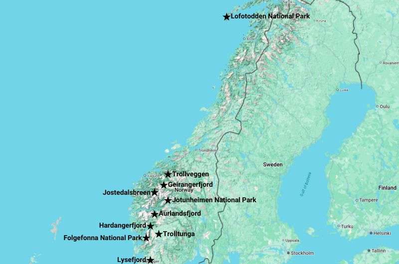 Map pinpointing the best natural attractions in Norway  