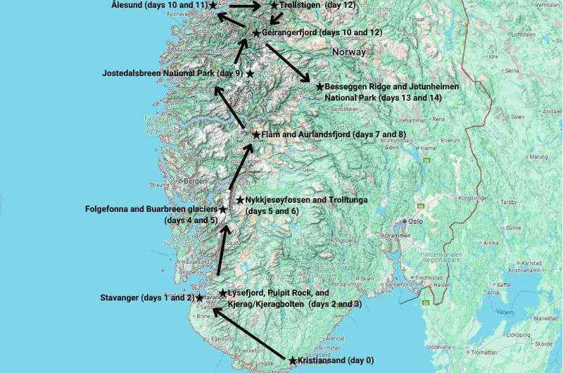 Map of Norway with the stops on 14-day itinerary