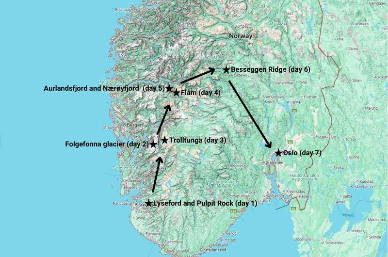 Map of Norway itinerary