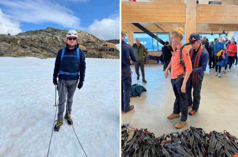 Travelers getting their gear on on the Folgefonna hike in Norway, photo by NExt LEvel of Travel 