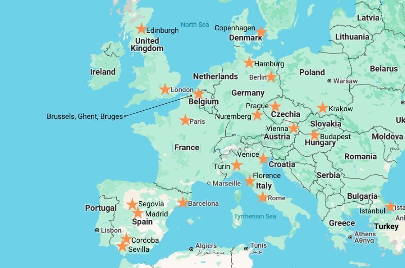 map of best cities to visit in Europe for travel , map by Next Level of Travel