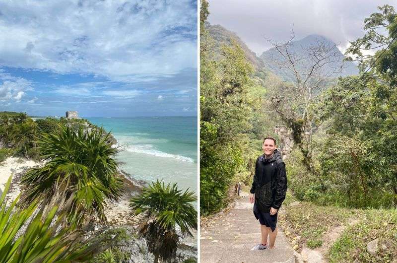 a collage of two photos, a traveler in the nature of Mexico and a view of a Mexican beach through palm trees