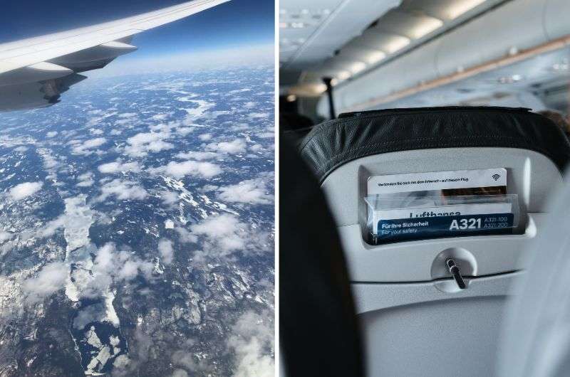 Collage of photos with the view from the plane and the interior of a Lufthansa aircraft