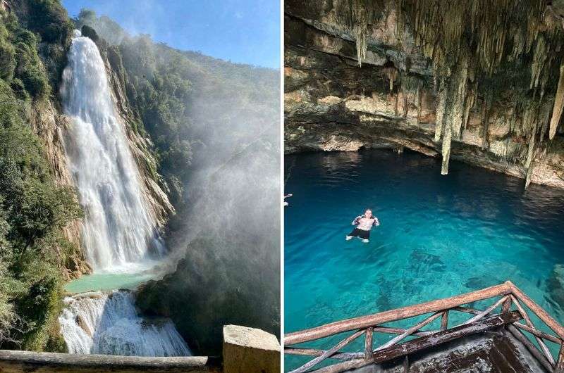 collage of two photos, travel in Mexico swimming in cave water, waterfall in Mexican landscape