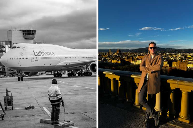 photo collage, a traveller in a coat in the city and a Lufthansa plane