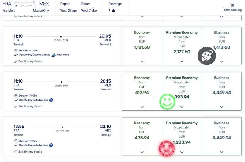 Price comparison between economy class and Premium Economy Class on flight to S San Francisco.