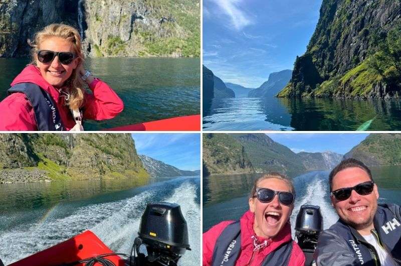 Travelers on a motorboat on Naerofjord in Norway, photos by Next Level of Travel