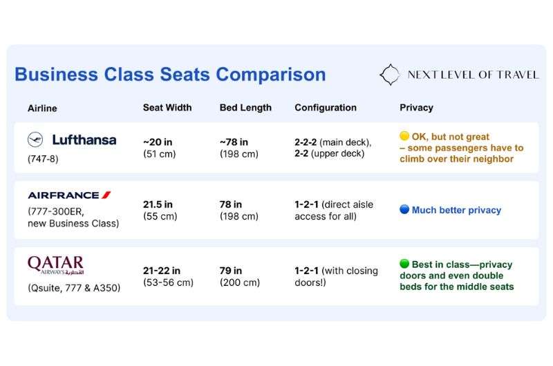 Comparison table showing dimensions and configurations of business class seats in Lufthansa, Air France, and Qatar, table by Next Level of Travel