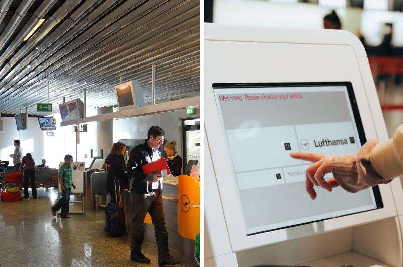 Passengers checking in at Frankfurt Airport, with a self-service kiosk for Lufthansa, Germany