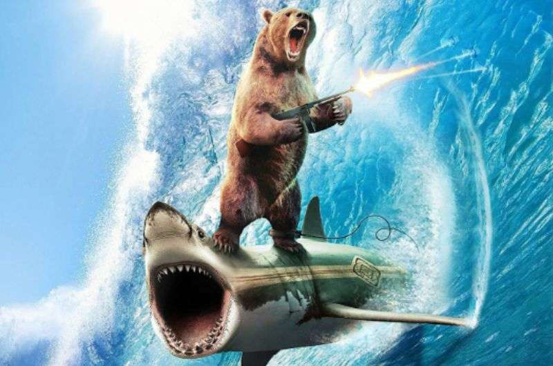 A bear riding the shark with automatic rifle in his hands. 